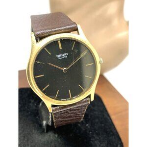 Seiko Men's Watch 7800-8009 Vintage Quartz Gold Black Dial Leather Band 33mm